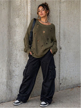 Distressed Knit Sweater Olive Green Chunky Grunge Boho Medium
